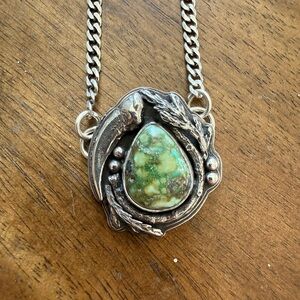 Artisan Sage Wolf Sterling Silver Necklace with Turquoise Green Stone
